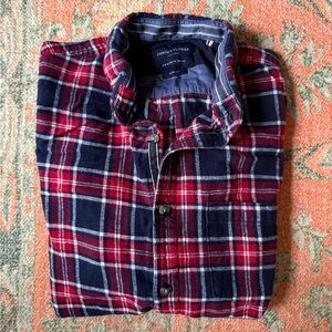 DENIM & FLOWER Slim Fit Flannel Button Down, Medium, Red-White-Blue